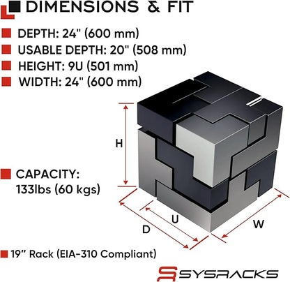 Sysracks 9U Wall Mount Server Rack Cabinet, 19” Locking Network Rack, 24” Deep, Glass Door, with Fan, PDU and Shelf
