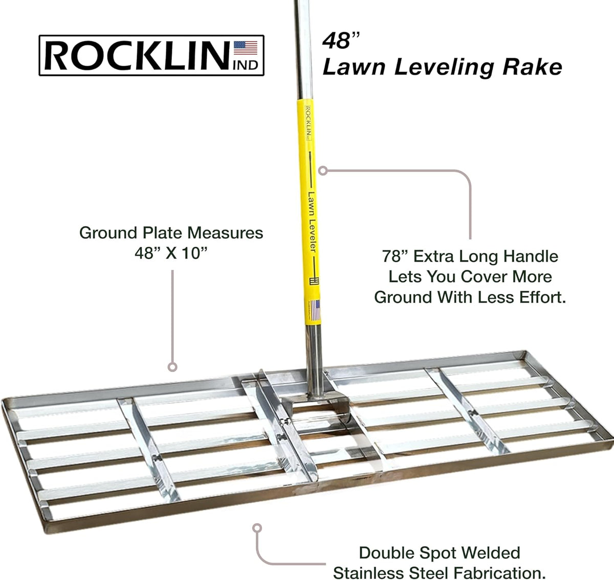 Rocklin™ Lawn Leveling Rake | Levelawn Tool | Level Soil or Dirt Ground Surfaces Easily | 48” x 10” Ground Plate | 78” Extra Long Handle | Stainless Steel