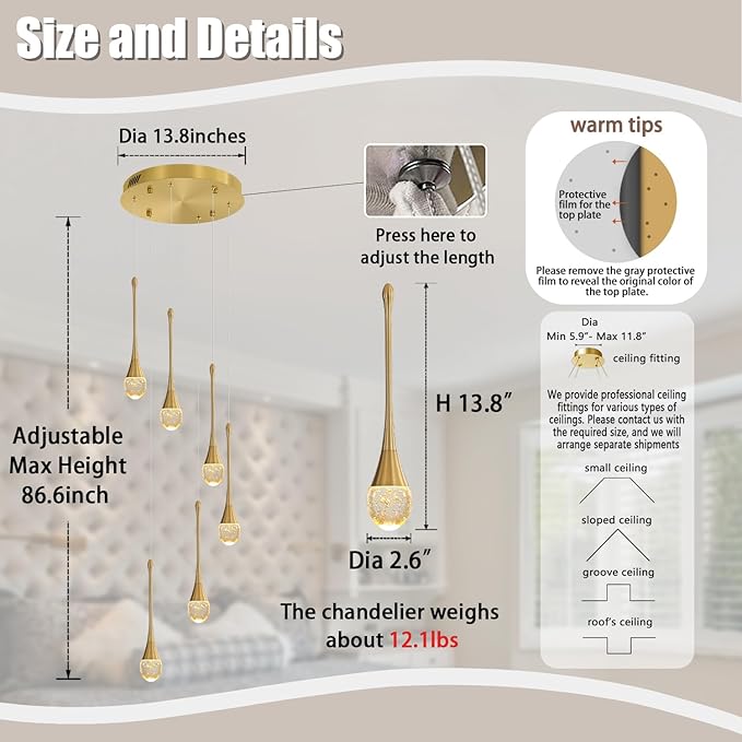 H86 Pendant Lights Kitchen Island 6-Lights Pendant Chandelier for Dining Room Hallway Stairwell,LED Dimmable 2700K-6000K