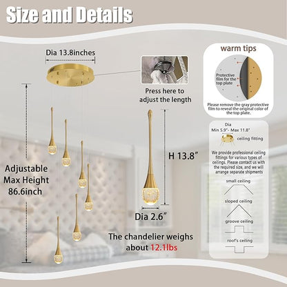 H86 Pendant Lights Kitchen Island 6-Lights Pendant Chandelier for Dining Room Hallway Stairwell,LED Dimmable 2700K-6000K