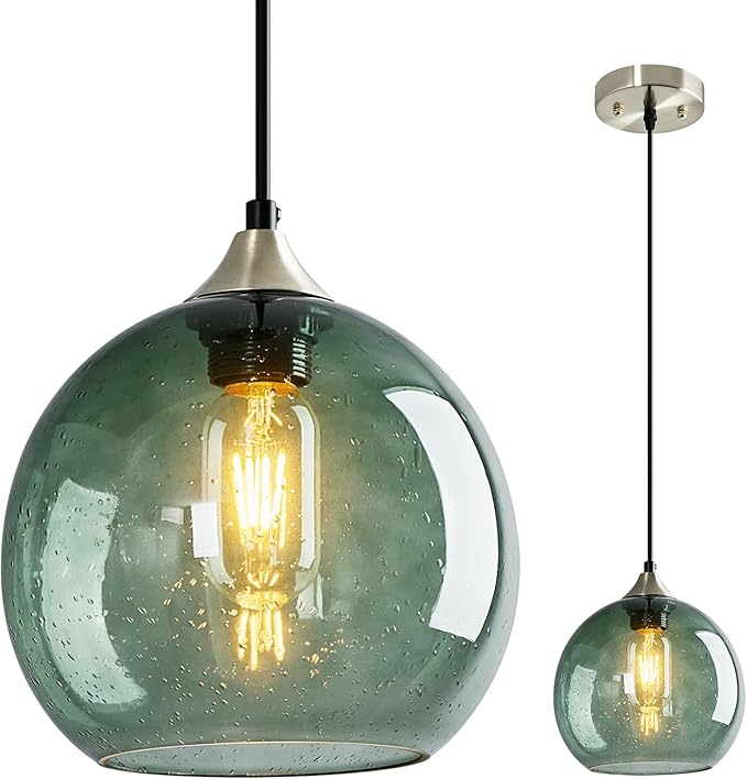 Gray Green Glass Pendant Lights Kitchen Island Lighting Globe Pendant Light Fixtures Modern Pendant Lighting for Kitchen Island Bedroom Living Dining Room Light Fixture(7.87in, 1-Pack)