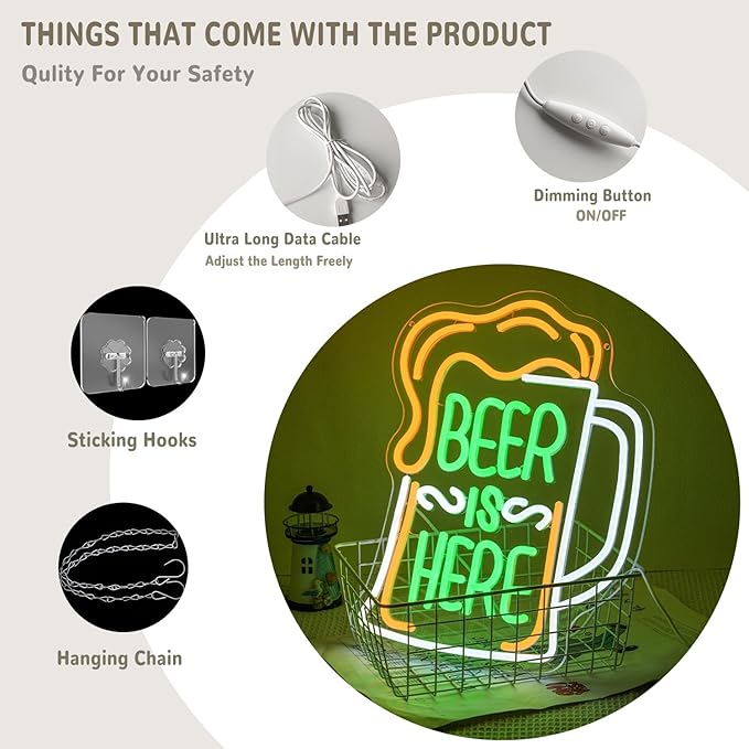 Beer Is Here Neon Sign for Wall Decor Bar Neon Light Beer Led Neon Signs Colorful Led Neon Lights for Bar Kitchen Shop Man Cave Decoration