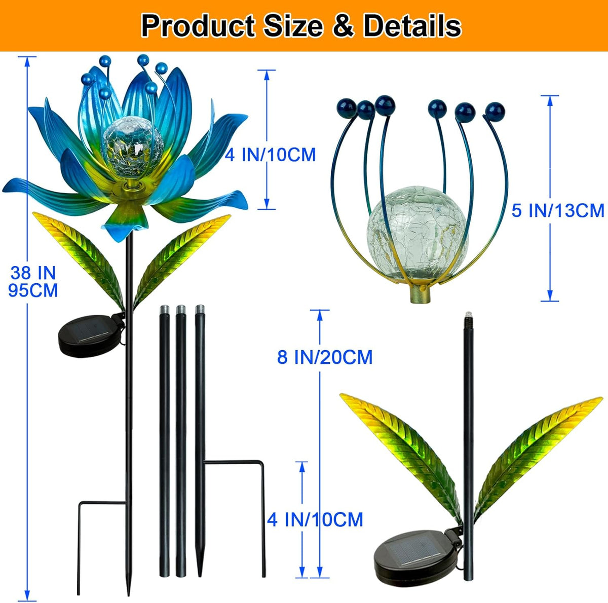 Wind Spinners Outdoor, 38 Inch Metal Wind Spinner Yard Art with Stake, Colorful Solar Windmill for Yard and Garden Lawn Patio Farmhouse Decor-Blue