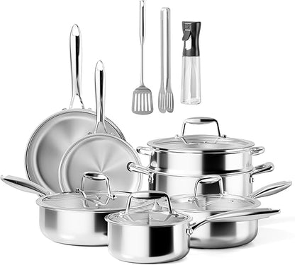 Stainless Steel Cookware Set - VONIKI Tri-ply Stainless Pots And Pans Set with Steamer Basket, Non Toxic Induction Cookware, Kitchen Cookware Sets PFOA & PTFE Free, Dishwasher and Oven Safe