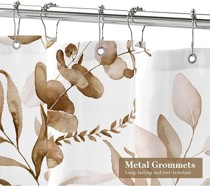 MitoVilla Brown Floral Shower Curtain, Modern Plants Botanical Fabric Cloth Shower Curtains for Rustic Vintage Bathroom Decor, Fall Watercolor Tan Eucalyptus Leaf, 72x72