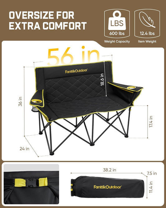 FanttikOutdoor Zeta L11 Duo Pro Double Camping Chair, 2 Person Portable Folding Couch, High Strength Loveseat with Cup Holder & Carry Bag for Travel, Games, BBQ, Backyard, Support up to 600 lbs, Black