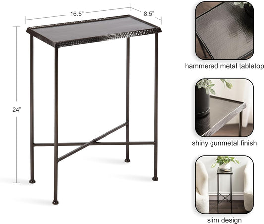Kate and Laurel Sanzo Modern Metal Skinny Side Table, 17 x 9 x 24, Gunmetal, Rectangular Slim Bedroom Nightstand with Hammered Tabletop for Use as Bedside Accent or Narrow Living Room End Table