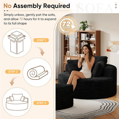 Oversized Round Chaise Longue Chair with Ottoman, Modern Corduroy Deep Seat Circle Single Cloud Floor Accent Chair w/Cup Holders for Living Room, Bedroom Apartment, 55" W * 74.6" D, Black