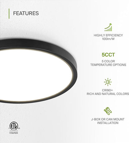 ASD LED 12" Round Flush Mount Ceiling Light Fixture, Low Profile Surface Lighting | 5CCT, Dimmable, Ultra-Thin, ETL Listed | 24W 2000LM 2700-6000K 100-277V | Kitchen, Hallway Lamp | Black, 4 Pack