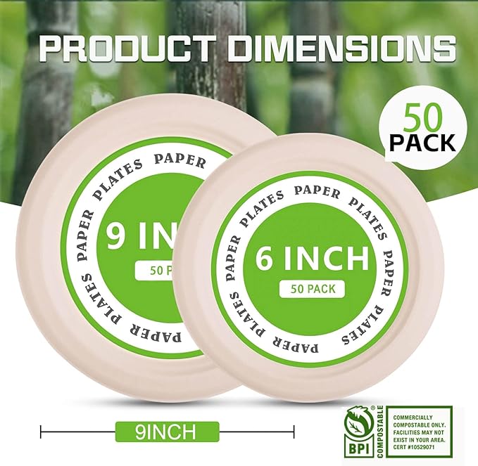 Disposable Paper Plates, 6 inch Heavy Duty Paper Plate, Soak and Cut Proof, Natural Biodegradable Bagasse Plates for Microwave, Dinner, Party, Picnic,50 Pack