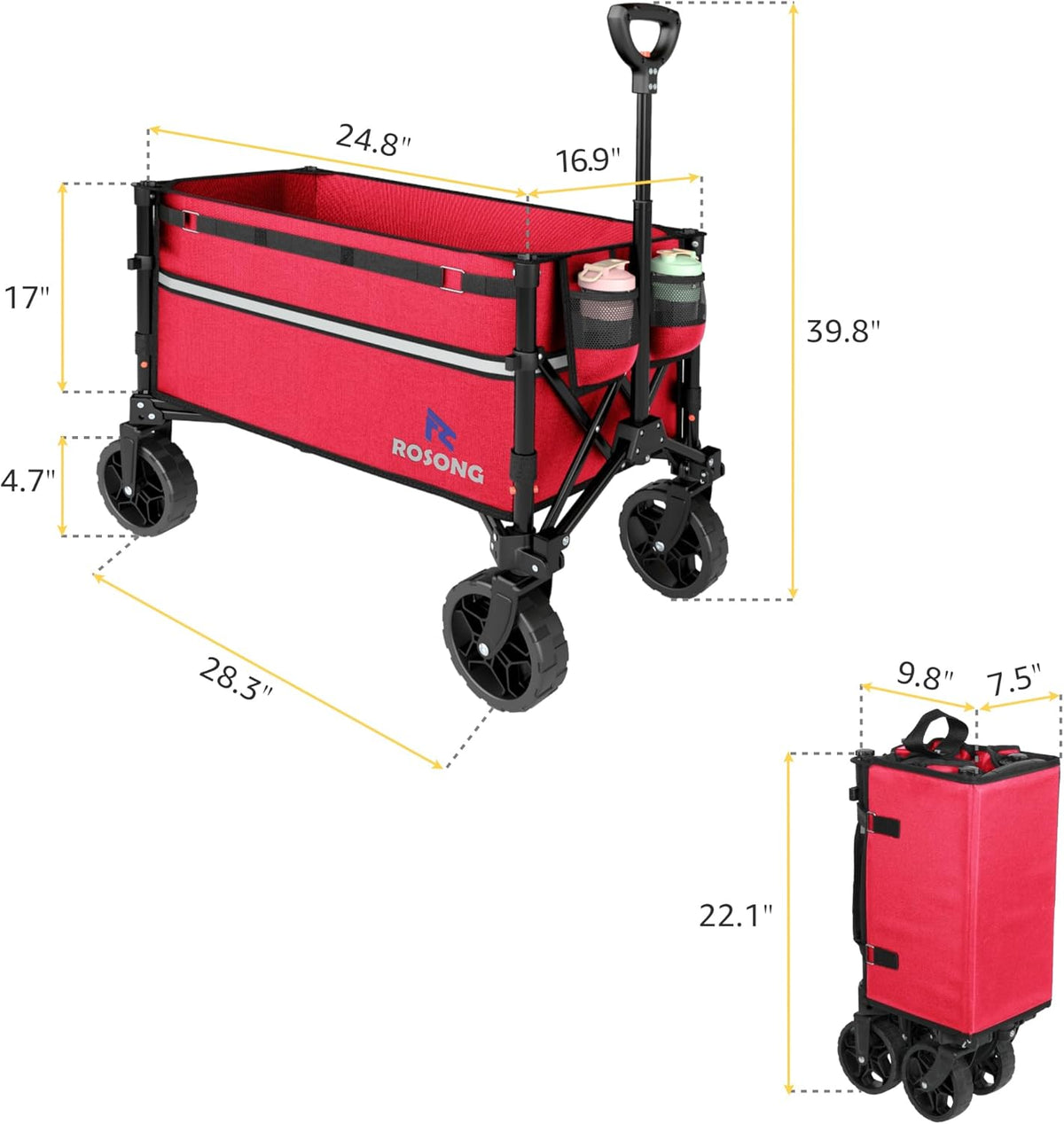 Collapsible Wagon Cart with Wheels Foldable - Folding Utility Heavy Duty Wagons Carts for Grocery Sports Garden Shopping Camping Wheelbarrows, Burgundy