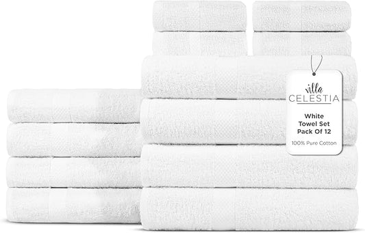100% Cotton Bath Towel Set of 12-4 Bath Towels, 4 Hand Towels, 4 Wash Cloths, Sustainable, Soft, Highly Absorbent, Combed Cotton 12 Piece Set for Hotels, Spa, Bathroom, Dorm, White