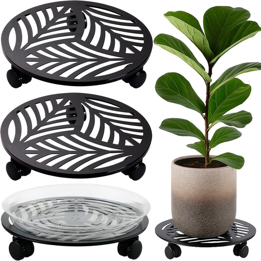 2 Packs Large Metal Plant Caddy with PU Wheels 12" Heavy-Duty Wrought Iron Rolling Plant Stands Indoor Outdoor Wheeled Plant Dolly Planter Mover Rollers Plant, Leaf Style