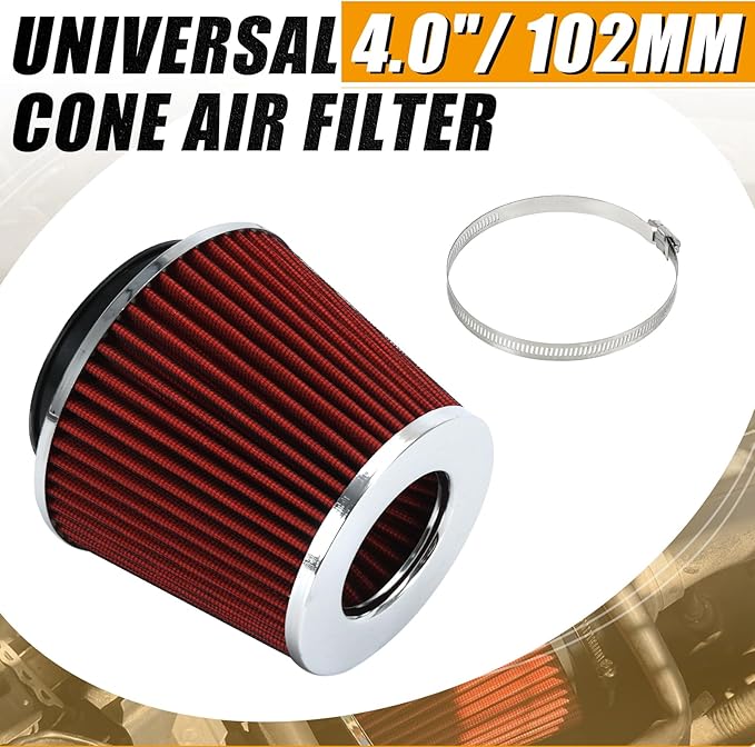 PTNHZ Universal Red 4" 102mm High Flow Cold Air Intake Cone Air Filter Power Intake Air Inlet System Air Cleaner