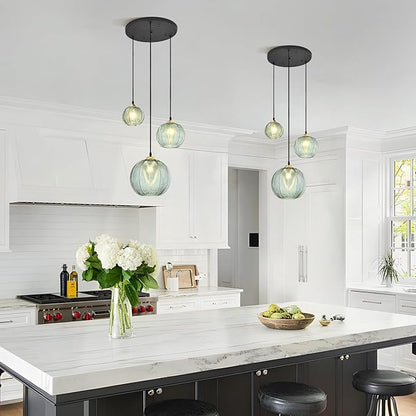 KCO Lighting Vintage Green Glass Chandelier 3 Light Pendant Light Fixtures Farmhouse Striped Glass Pendant Light Gold and Black Hanging Lights Multi Light Cluster Pendant Lighting