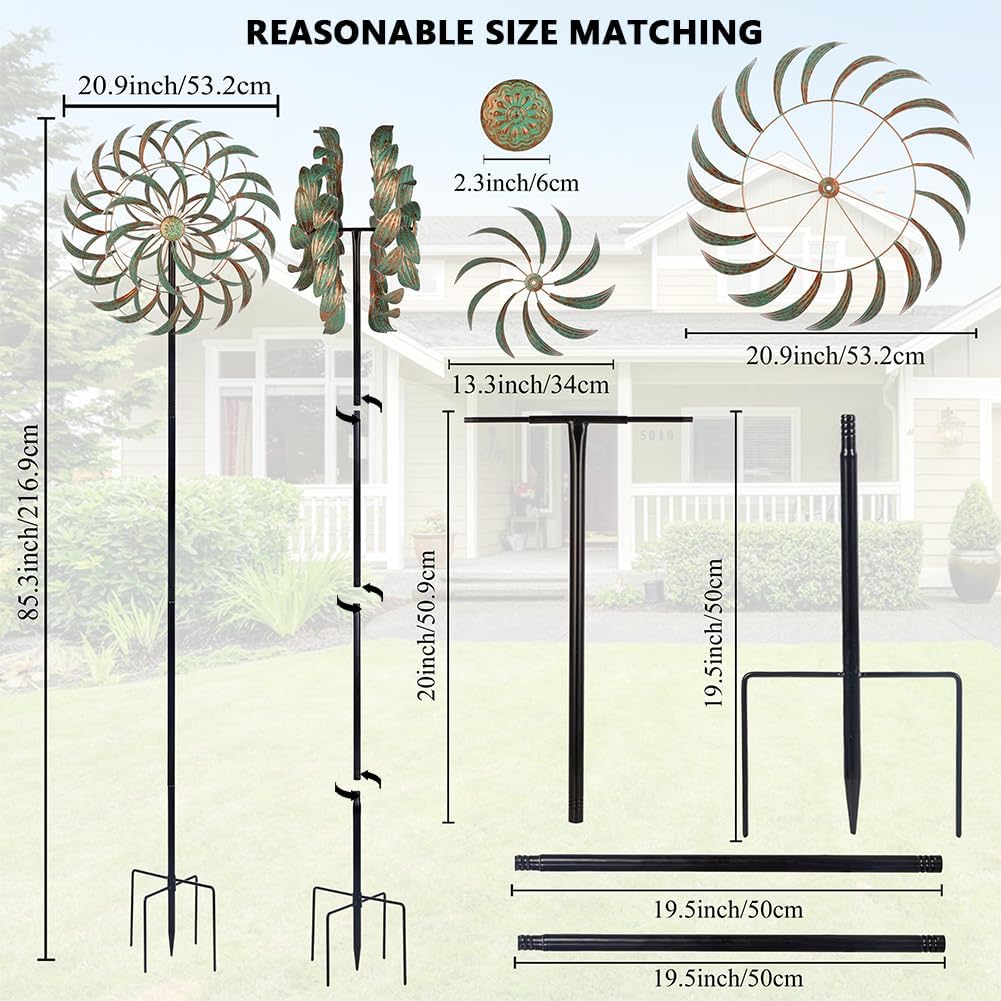 Viveta Large Outdoor Wind Spinner,21 * 85 inches Metal Wind Sculpture with 4 Sturdy Stakes,Green Double Wind Spinners,Decorative Windmill for Yard and Garden