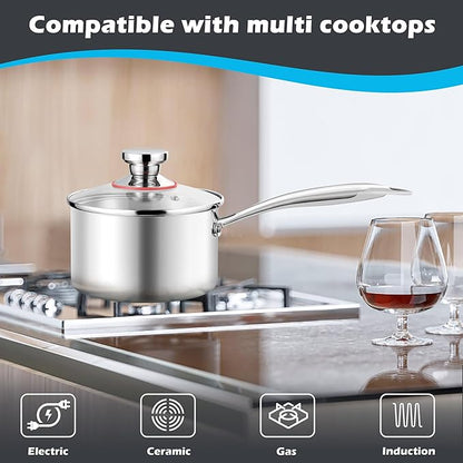 E-far 2-Quart Saucepan, Tri-Ply Stainless Steel Sauce Pan with Glass Lid, Small Cooking Induction Pot Compatible with All Cooktops, Non Toxic, Oven & Dishwasher Safe