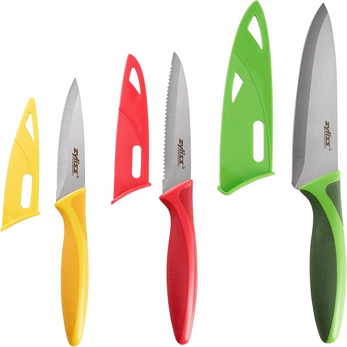 Zyliss 3 Piece Knife Value Set - Kitchen Knife Set - Kitchen Knife Set with Sheath Covers - Includes Paring, Serrated Paring & Utility Knives - Stainless Steel