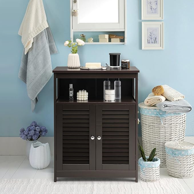 Tangkula Bathroom Floor Cabinet, Wooden Freestanding Storage Cabinet with Double Shutter Door & Adjustable Shelf, Storage Cabinet for Bathroom Living Room (Brown)