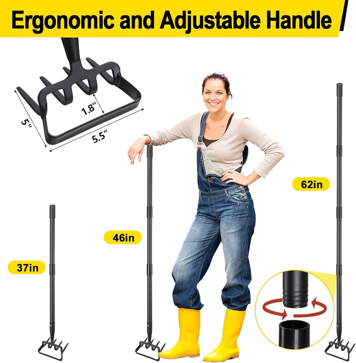 Garden Hoe, Heavy Duty Hula Hoe Garden Tool for Weeding, 62 Inch Cultivator Stirrup Hoe with Adjustable Long Handle, Action Scuffle Loop Hoe with Rake 2-in-1 Gardening Tool for Loosening Pulling Weed
