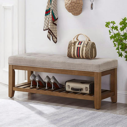 24KF Large Rectangular Upholstered Tufted Linen Fabric Ottoman Bench, Padded Bench with Solid Wood Shelf-Linen