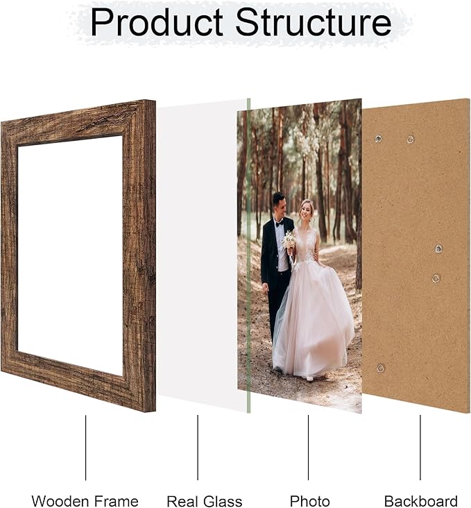 6x9 Picture Frame Set of 4, High Definition Real Glass Rustic Wood Frame, 6 x 9 Photo Frames for Tabletop Display and Wall Mounting