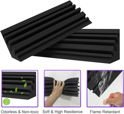 TroyStudio Bass Traps - 12 Pcs 4 X 4 X 12 Inches Dense Thick Studio Bass Foam Corner, Acoustic Treatment Panel Absorbing Echo Reverb, Low Frequency Sound Absorber for Music Room Home Recording Studio