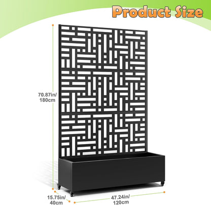 Metal Raised Garden Bed with Trellis, 2-in-1 Planter Box & Privacy Screen for Climbing Plants, Outdoor Standing Flower Bed with Drainage Holes, 47.2" L x 16.7" W x 70.8" H, Black-Helen