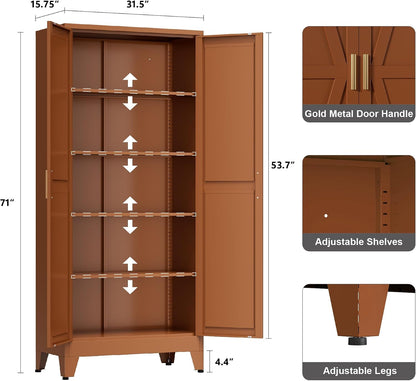 LCAOPC 71" Tall Metal Storage Cabinet with 2 Doors and 4 Adjustable Shelves, 5-Tier Kitchen Pantry Storage Cabinet for Kitchen, Living Room, Dining Room and Office, Brown