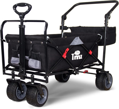 TMZ All Terrain Utility Folding Wagon, Collapsible Garden Cart, Heavy Duty Beach Wagon, for Shopping, Camping, and Outdoor Activities with Push Handle and Brakes (Black/Grey)