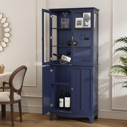 ARTPOWER 72" Freestanding Kitchen Pantry Storage Sideboard, Classical Tall Cabinet with Glass Door and Adjustable Shelves for Kitchen, Livingroom and Dining Room, Navy Blue
