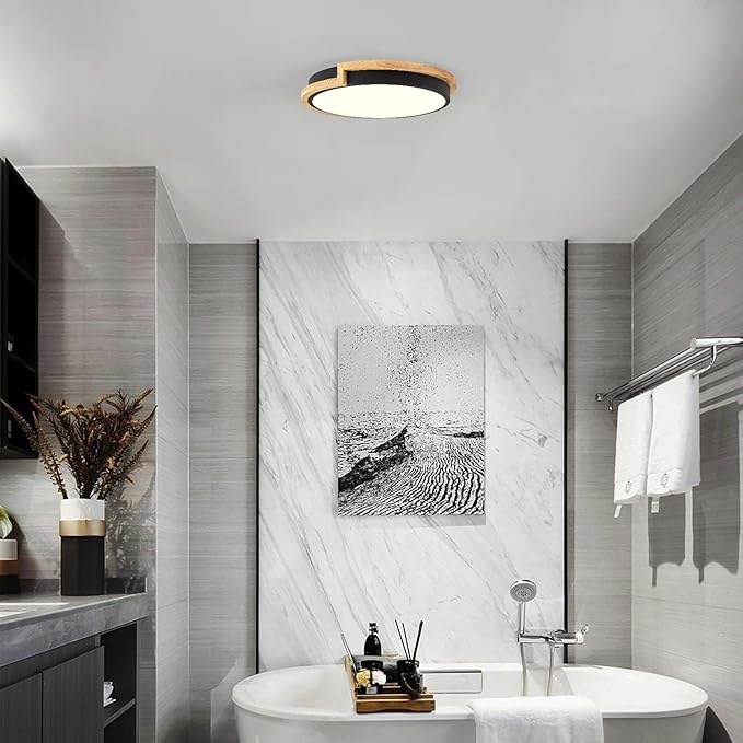Dimmable Wood LED Flush Mount Ceiling Lights, 5CCT 2700K-6000K Black Hallway Lighting Fixtures, Minimalist Circular Ceiling Lamp for Bedroom Laundry Room Kitchen Entryway