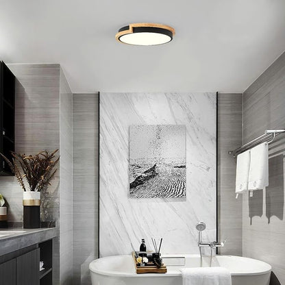 Dimmable Wood LED Flush Mount Ceiling Lights, 5CCT 2700K-6000K Black Hallway Lighting Fixtures, Minimalist Circular Ceiling Lamp for Bedroom Laundry Room Kitchen Entryway