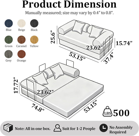 53.15'' Convertible Compressed Corduroy Folding Cloud Sofa Bed, Modern Pull Out Loveseat Sleeper in a Box, 4 in 1 Floor Mattress Futon Cloud Couch, No Assembly Needed, Orange, Pillows, Full