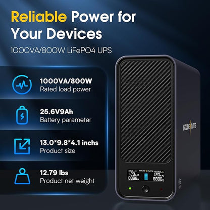 GOLDENMATE 1000VA/800W Lithium UPS Battery Backup & Surge Protector, Backup Battery Power Supply with LiFePO4 Batteries(230.4 Wh), Sinewave UPS System, 10 Years Lifespan, 8 Ports, LCD Display, Gray