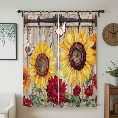 Sunflowers Living Room Curtains 84 Inch Length, Window Curtains Tab Top, Retro Flower Barn Doors Butterfly Farmhouse Brown Light Filtering Window Treatments Drapes 52"x84" 2 Panel