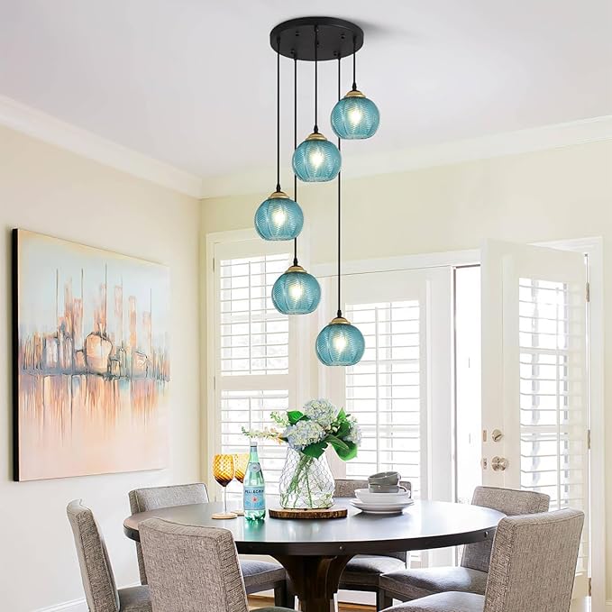 KCO Lighting Modern Blue Glass Chandelier Globe Cluster Pendant Light Black and Gold Kitchen Pendant Lighting Nordic Ribbed Glass Pendant Light Large Round Chandelier