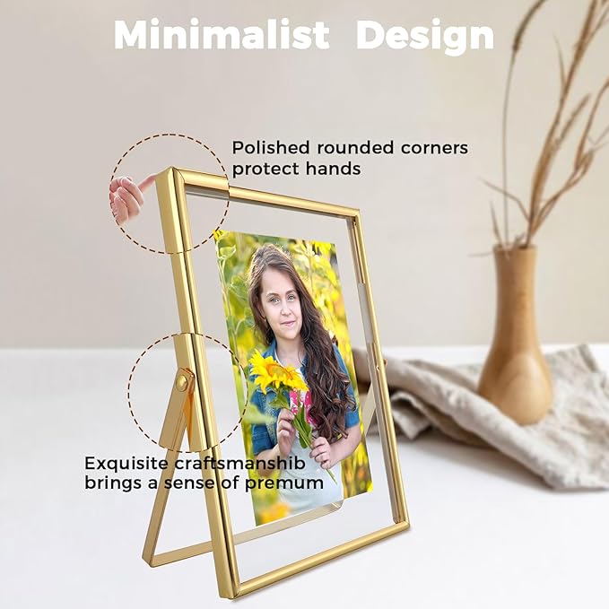 Gold Floating Frame, 5"x7", Vertical, For Picture 4x6, 3.5x5, 2x3 with Floating Effect, Small Tabletop Photo Frame, Classy For Anniversary, Wedding, or Birthday