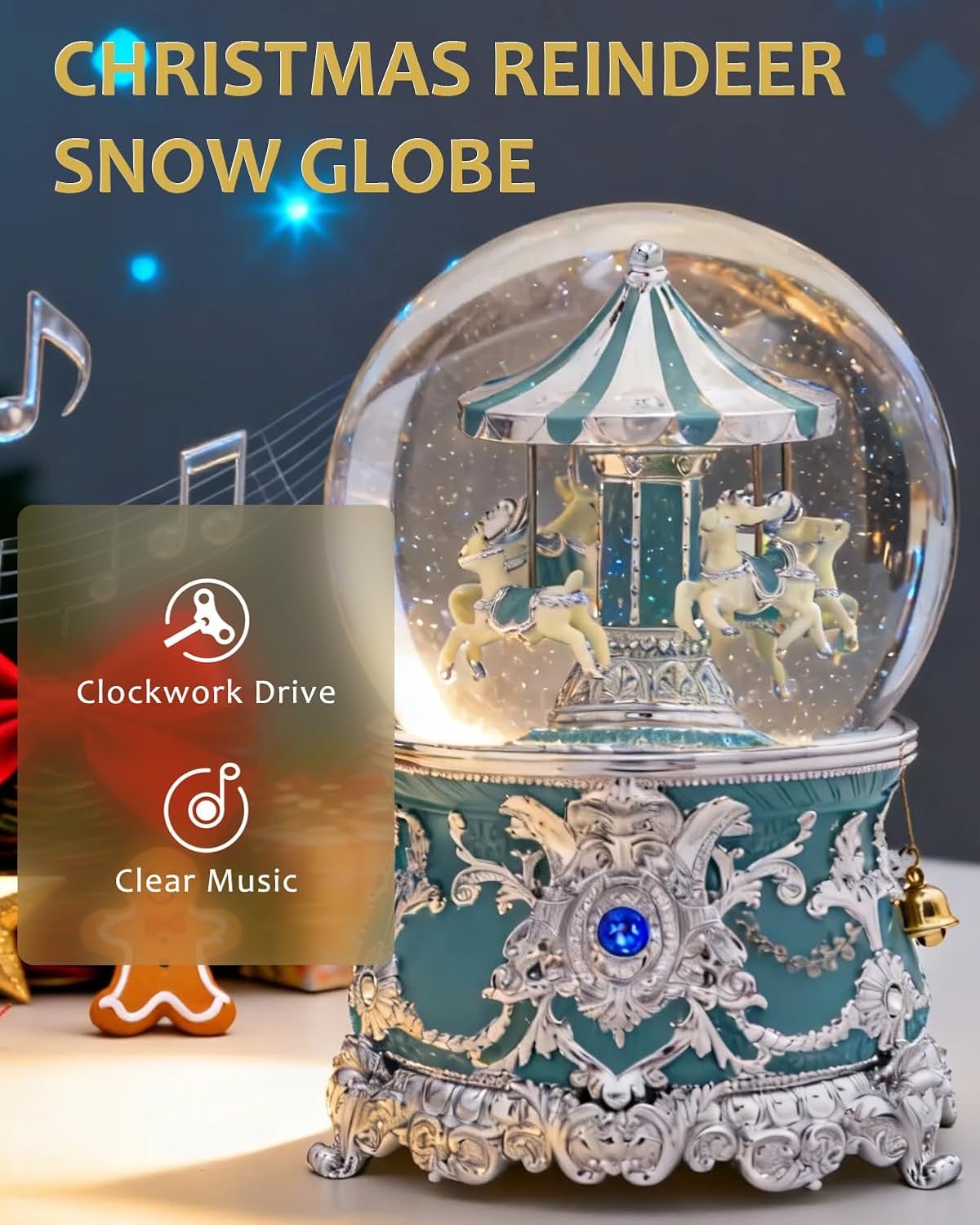 Reindeer Carousel Snow Globe Music Box - Wind Up Musical Christmas Valentines Day Ornament with Silver Blue Design, Romantic Indoor Christmas Decorations, Festive Gift for Couples, Kids & Adults