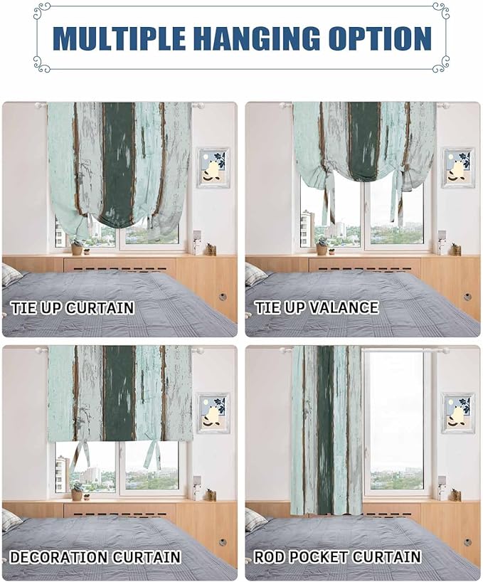Tie Up Curtains for Windows, Blue Teal Adjustable Balloon Nature Linen Textured Kitchen Curtain, Vintage Wooden Retro Art Farmhouse Barns Room Darkening Curtains for Glass Door, 42 x 45 in