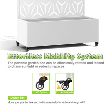 15.7"×70.9"×35.4" Metal Raised Garden Bed with Trellis and Wheels - Tall Trellis Planter Box for Climbing Plants, Vegetables & Vines - Outdoor Privacy Planters for Patio (White-Star)
