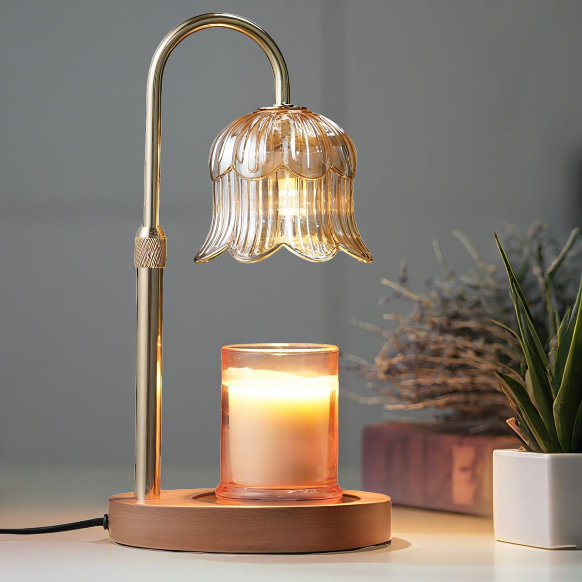 CRMILL Candle Warmer Lamp with Timer: Adjustable Dimmable Height Adjustable Warming - Flower Shape Wax Lamp Jar Candles No Flame Modern Home Decor Table Lights - Home Living Bedroom