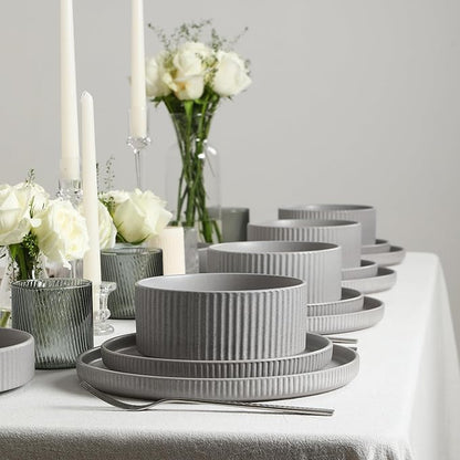 Stone Lain Haven Stoneware 12-Piece Dinnerware Set, Grey - Plates and Bowls Sets for 4, Elegant Dish Set, Includes Dinner Plates, Salad Plates Cereal Bowls, Microwave & Dishwasher Safe