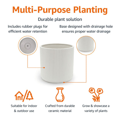Amazon Basics Fluted Ceramic Planter Pot for Indoor Outdoor Plants, Round Flower Pot with Drainage Hole, 10-inch, White