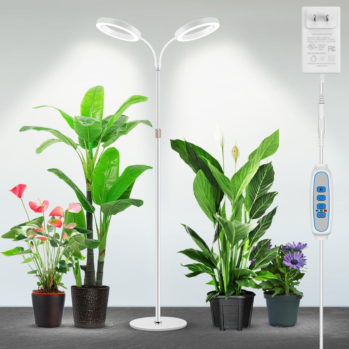Garpsen Grow Lights for Indoor Plants, Dual-Head Full Spectrum LED Plant Light with Stand, 3 Color Modes Grow Lamp with Timer 6/12/16H, 5 Dimmable Levels, 168 LEDs and 67''Height Adjustable(White)