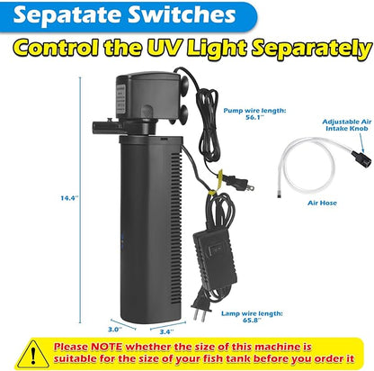 Aquarium U-V Filter 300GPH for Large 80-200 Gal Fish Tank Pond, Powerful Internal Submersible Pump Green Water Clean Killing Machine Air Supply Deodorization Keep Saltwater Freshwater Crystal Clear