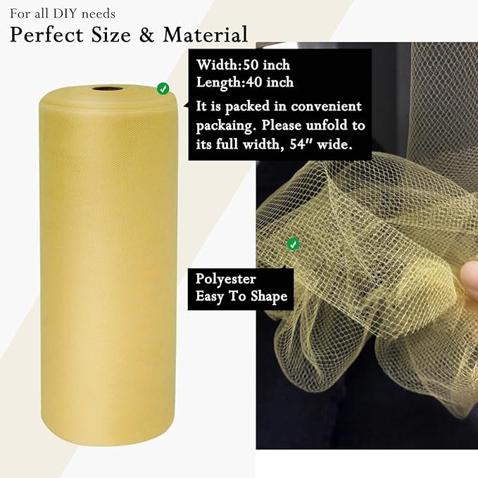 Tulle Fabric Rolls 54 Inch by 40 Yards Tulle Bolt Spool for Wedding Christmas Decorations DIY Tutu Baby Shower Table Skirt Ceiling Decor Birthday Party Craft Supplies (Antique Gold)