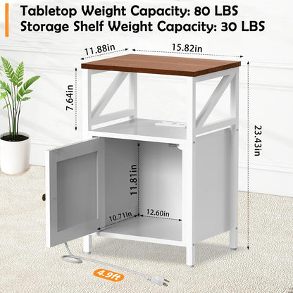 Farmhouse Side Table with Charging Station -3-Tier USB Ports & Outlets End Table, Compact Bedside Storage Table for Small Spaces, Multi-Functional Accent Table for Bedroom, Living Room, Couch Entryway