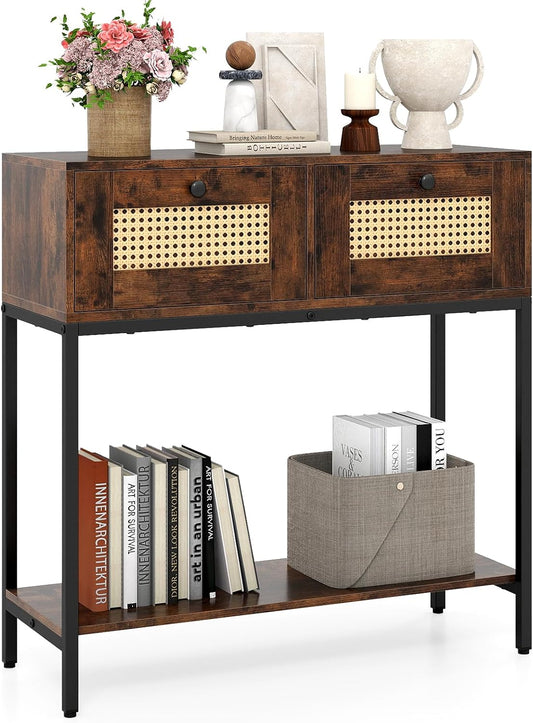 GOFLAME Rattan Console Table, Boho Entryway Table with 2 Drawers & Open Storage Shelf, Narrow Long Sofa Table with Metal Legs, Foyer Table Behind Couch Table for Living Room, Hallway, Rustic Brown