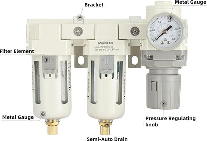 3/8" NPT Three Stage Air Drying System - 5 Micron Particulate Filter Air Pressure Regulator Combo - 0-125psi Gauge, Semi-Auto Drain, Metal Bracket